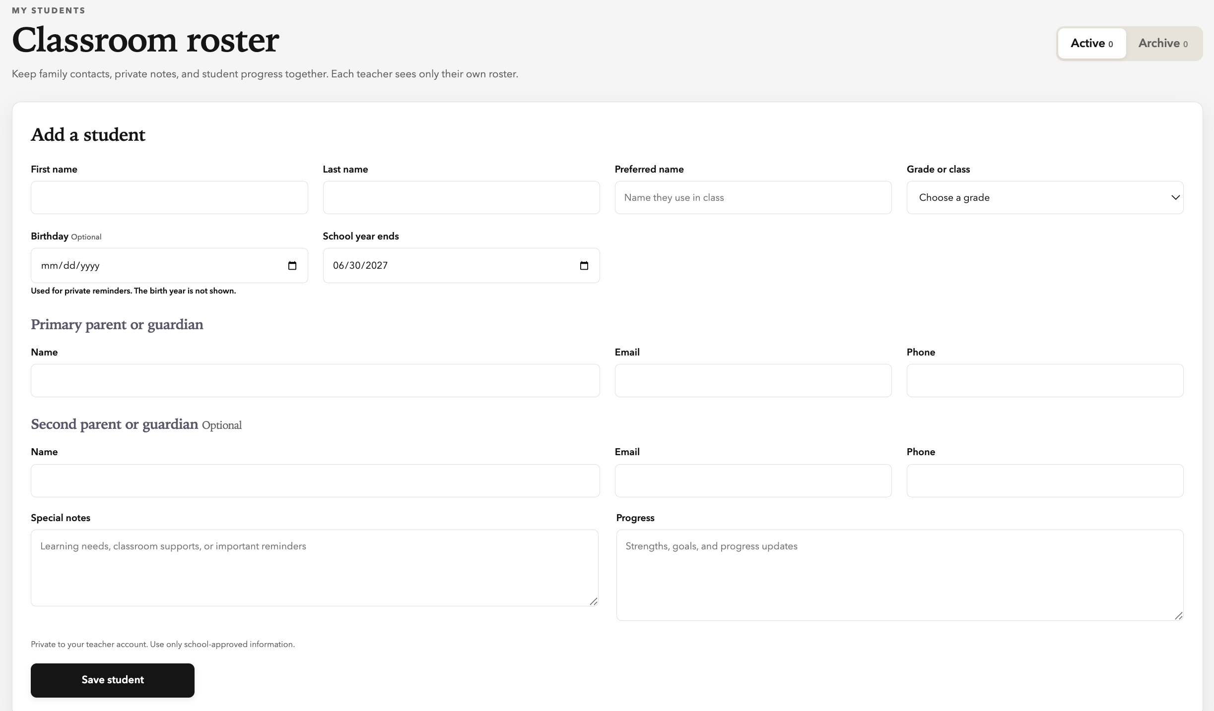Student roster in MyClassroom Planner