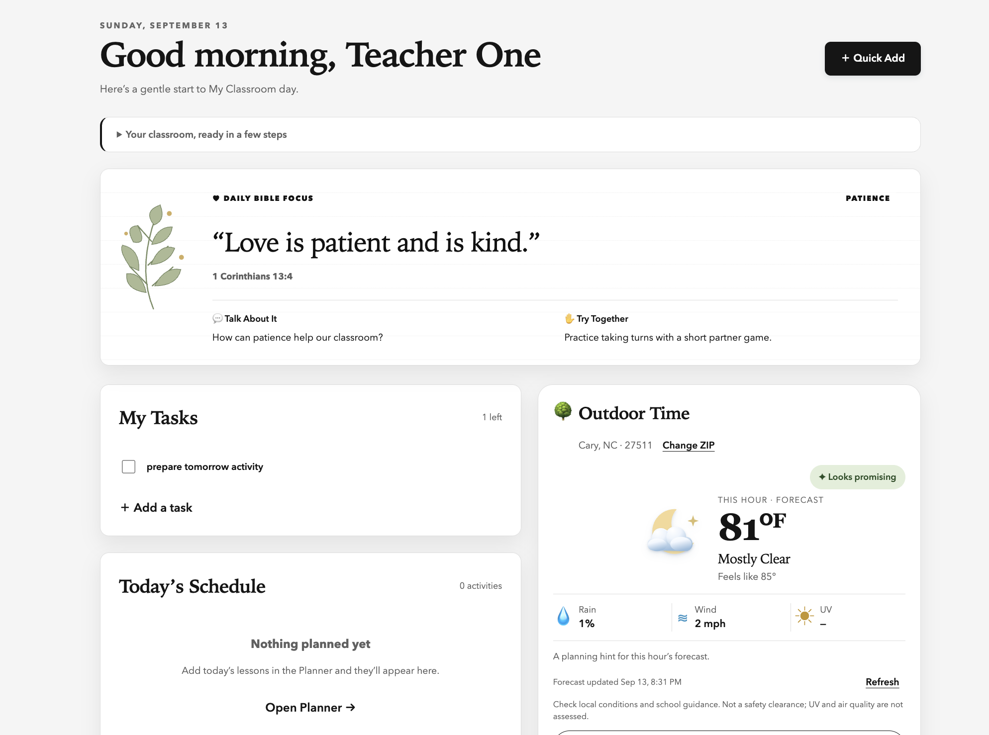 MyClassroom Planner dashboard with daily focus, tasks, and weather